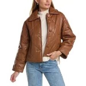 Elie Tahari Quilted Faux Leather Jacket Brown Button Front Women S *READ*